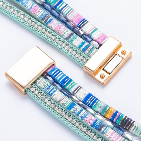 Leather Wrap Bracelet Boho Cuff Bangle Crystal Bead Multi Layer Jewelry - Picture 6 of 6